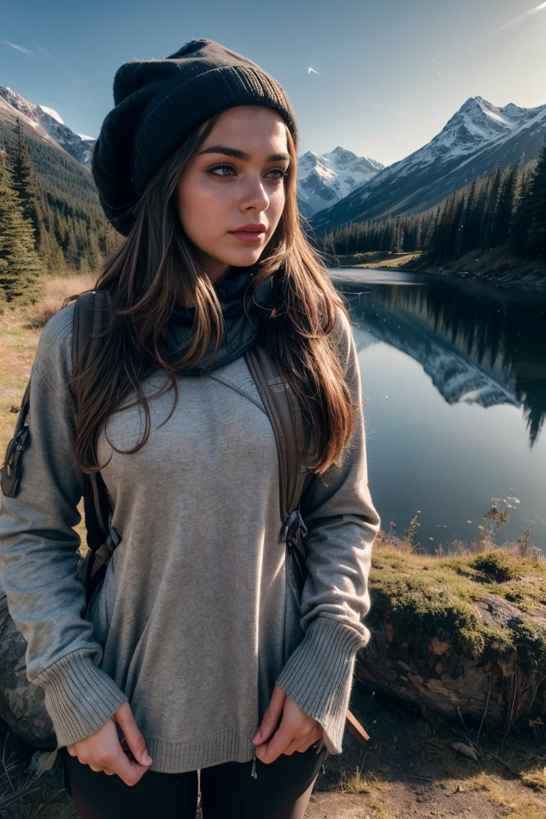 (brunette women), (perfect body), (16k,8k,4K,HD,UHD), (((ultra realistic))), (upper body selfie, happy)), masterpiece, best quality, ultra-detailed, solo, outdoors, (night), mountains, nature, (stars, moon) cheerful, happy, backpack, sleeping bag, camping stove, water bottle, mountain boots, gloves, sweater, hat, flashlight, forest, rocks, river, wood, smoke, shadows, contrast, clear sky, analog style (look at viewer:1.2) (skin texture) (film grain:1.3), (warm hue, warm tone) :1.2), close up, cinematic light, sidelighting, ultra high res, best shadow, RAW, upper body, , wearing pullover kodak vision 3,