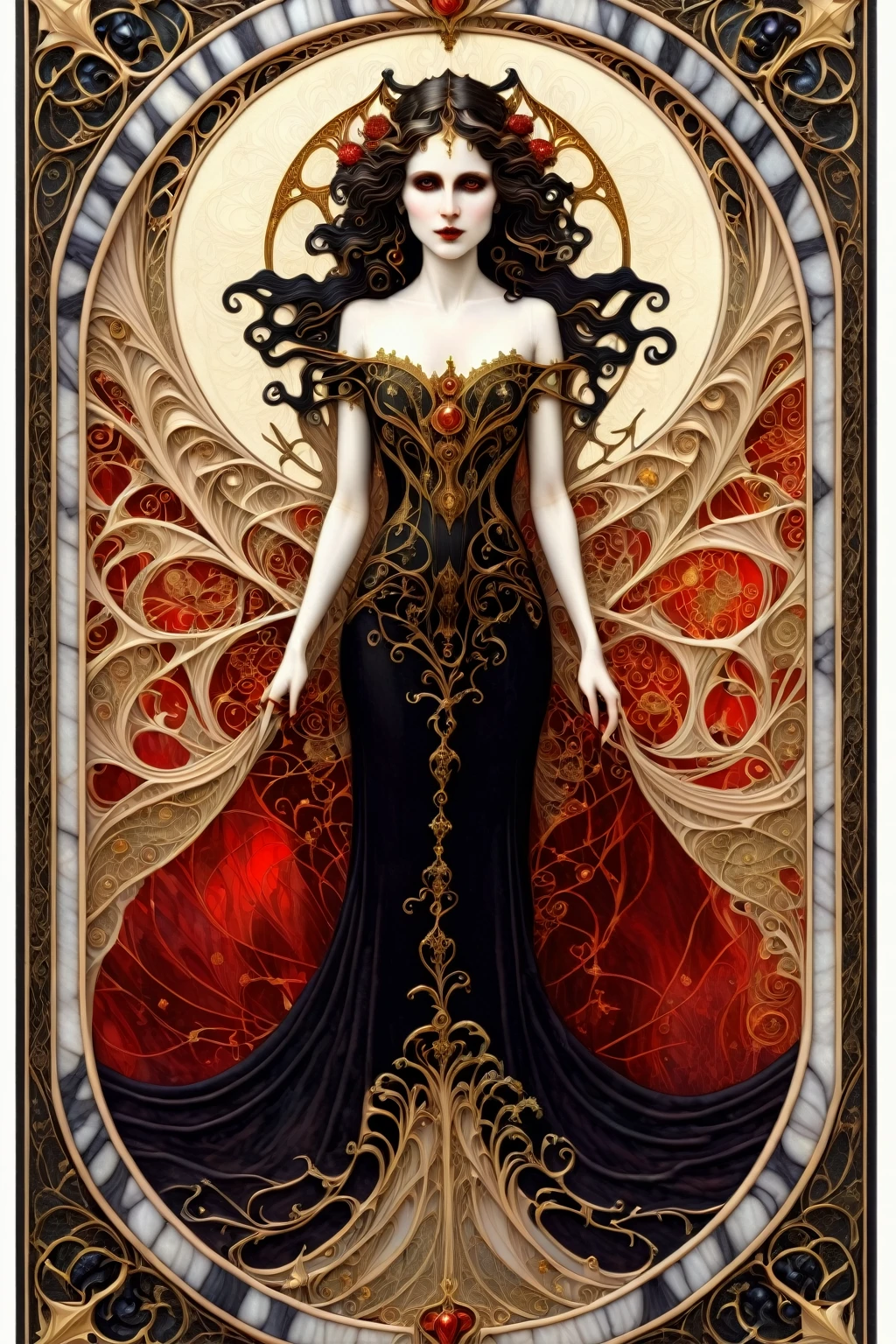 a beautiful illustration of a vampire woman with glowing eyes in an abstract marble texture with a tarot style frame, with colors of obsidian black, shiny gold, and ruby red, highly detailed, intricate design, BY Anne Bachelier,