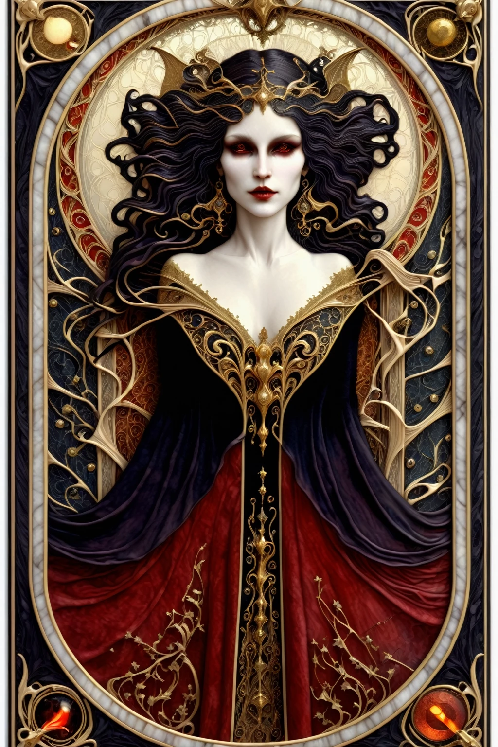 a beautiful illustration of a vampire woman with glowing eyes in an abstract marble texture with a tarot style frame, with colors of obsidian black, shiny gold, and ruby red, highly detailed, intricate design, BY Anne Bachelier,