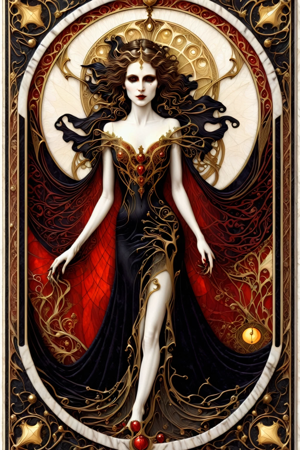 a beautiful illustration of a vampire woman with glowing eyes in an abstract marble texture with a tarot style frame, with colors of obsidian black, shiny gold, and ruby red, highly detailed, intricate design, BY Anne Bachelier,