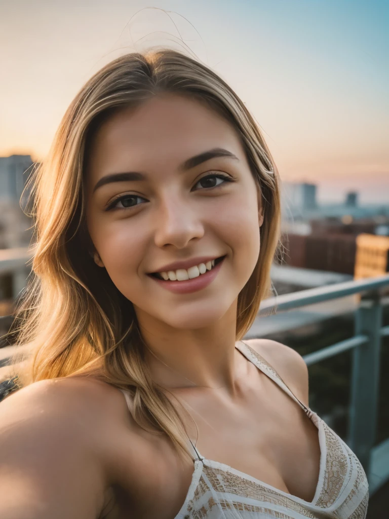 (28 mm lens, high angle shot)1 woman, 23 years old, American, beautiful, ((upper body selfie, happy)),  Beautiful backlight,Masterpiece, Best Quality, Ultra-detailed, Solo, cheerful, happy, Cosy. clear skies, analog style (looking up at viewer:1.2) (skin texture) (film grain:1.3), (warm hue, warm tone:1.2), close-up, Cinematic light, Sidelighting, ultra-Highres, best shadows, raw, upper half body, wearing loose summer dress, Relaxed and intimate photos, blonde hairs, outside, cyber mega city scenery at night.Blurry background.