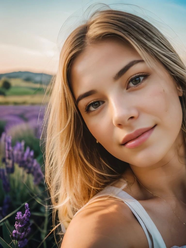 (28 mm lens, high angle shot)1 stunning gorgeous woman, age 23, American, beautiful, ((upper body selfie, happy)),  Beautiful backlight,Masterpiece, Best Quality, Ultra-detailed, Solo, cheerful, happy, Cosy. clear skies, analog style (looking up at viewer:1.2) (skin texture) (film grain:1.3), (warm hue, warm tone:1.2), close-up, Cinematic light, Sidelighting, ultra-Highres, best shadows, raw, upper half body, wearing loose summer dress, Relaxed and intimate photos, blonde hairs, outside, south of France lavender field scenery. Blurry background.