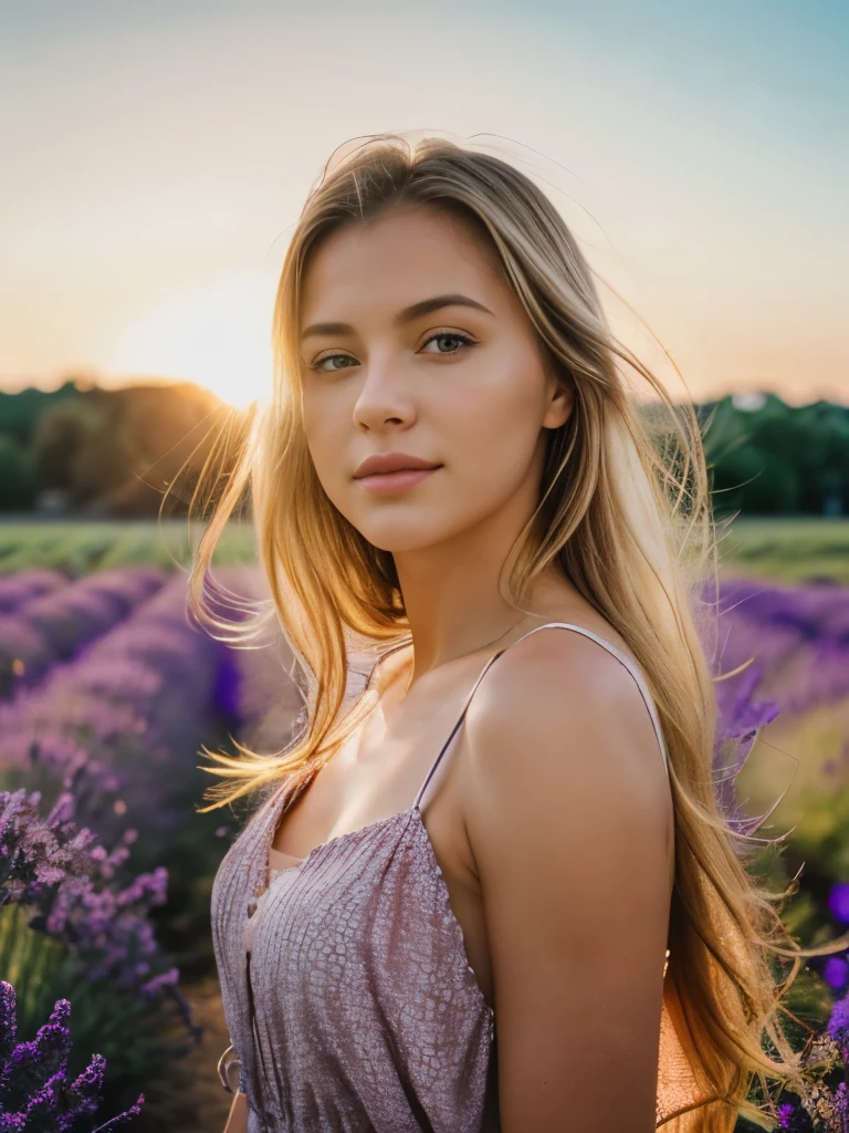 (28 mm lens, high angle shot)1 stunning gorgeous woman, age 23, American, beautiful, ((upper body selfie, happy)),  Beautiful backlight,Masterpiece, Best Quality, Ultra-detailed, Solo, cheerful, happy, Cosy. clear skies, analog style (looking up at viewer:1.2) (skin texture) (film grain:1.3), (warm hue, warm tone:1.2), close-up, Cinematic light, Sidelighting, ultra-Highres, best shadows, raw, upper half body, wearing loose summer dress, Relaxed and intimate photos, blonde hairs, outside, south of France lavender field scenery. Blurry background.