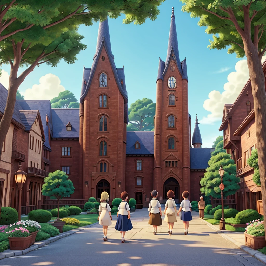 Ghibli style　Howl　Company trip　Stroll through the historic streets　Number of employees: 50　looks fun
