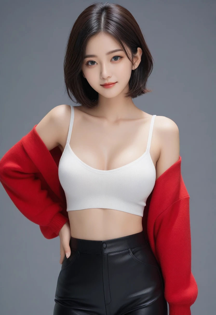 8K, Ultra-high resolution, Highest quality, masterpiece, 三分割法によるphotograph,Surreal, photograph, 1 Girl, (16 years old:1.3), pretty girl, Cute face, Beautiful eyes in every detail, 細かくdetailedに,masterpiece,, One Girl:1.2, Japan Female Announcer,whole body, Black Leather Bra, Wear a short red cardigan, Black long pants, Bare Belly, abdomen, Place one hand on hip, pretty girl, Sexy Girl, Attractive thighs, Sensual,A carefree smile,Heal the heart,Black Hair,Short Bob,Looking at the audience、beauty,Long neck、Laugh a little、Please close your mouth and laugh、(((Ideal body type))),A cup small breasts :2,、Portraiture:2、Perfect Anatomy、鮮明なdetailed、detailed、Surreal、Light and shadow,Strong light