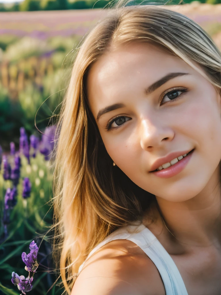 (28 mm lens, high angle shot)1 woman, 23 years old, American, beautiful, ((upper body selfie, happy)),  Beautiful backlight,Masterpiece, Best Quality, Ultra-detailed, Solo, cheerful, happy, Cosy. clear skies, analog style (looking up at viewer:1.2) (skin texture) (film grain:1.3), (warm hue, warm tone:1.2), close-up, Cinematic light, Sidelighting, ultra-Highres, best shadows, raw, upper half body, wearing loose summer dress, Relaxed and intimate photos, blonde hairs, outside, south of France lavender field scenery. Blurry background.