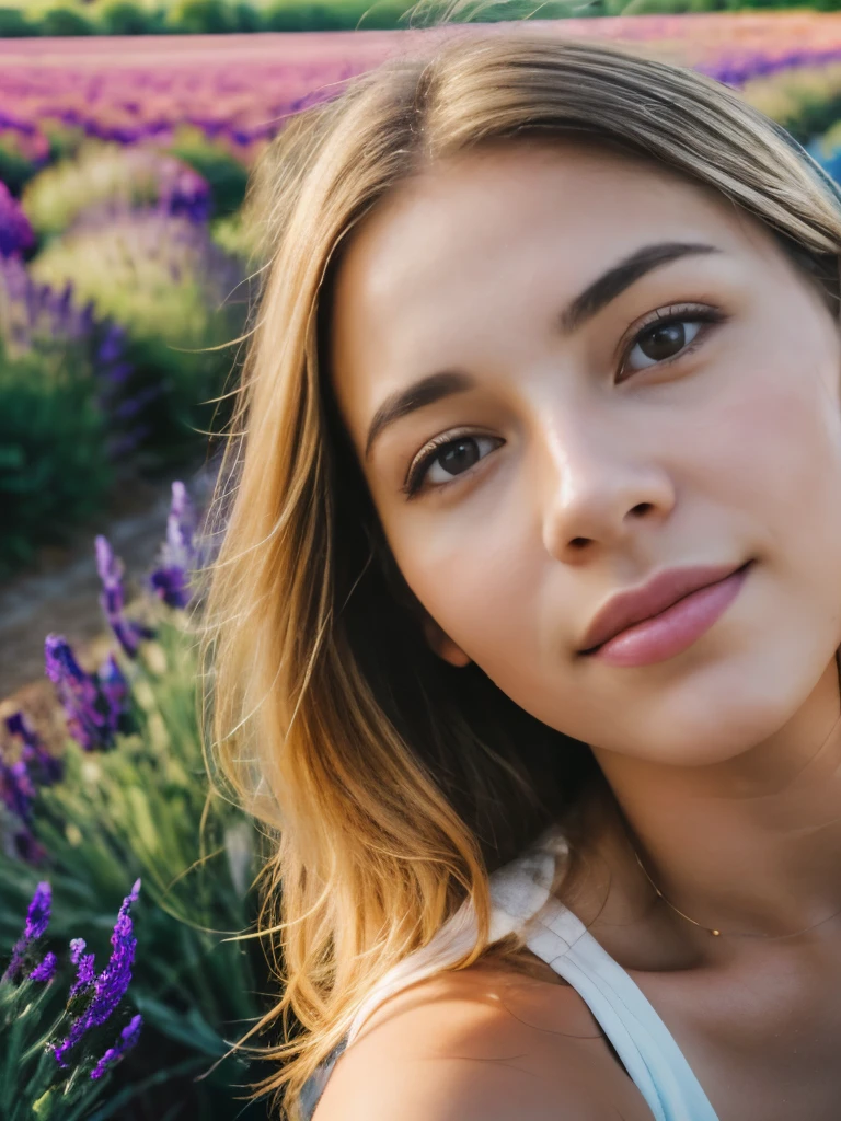 (28 mm lens, high angle shot)1 woman, age 23, American, beautiful, ((upper body selfie, happy)), Beautiful backlight,Masterpiece, Best Quality, Ultra-detailed, Solo, cheerful, happy, Cosy. clear skies, analog style (looking up at viewer:1.2) (skin texture) (film grain:1.3), (warm hue, warm tone:1.2), close-up, Cinematic light, Sidelighting, ultra-Highres, best shadows, raw, upper half body, wearing loose summer dress, Relaxed and intimate photos, blonde hairs, outside, south of France lavender field scenery. Blurry background.