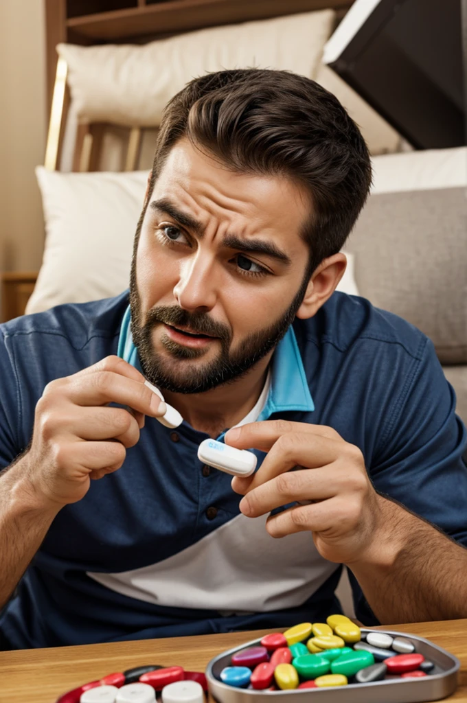 He crashes with a surprised face looking at some pills
