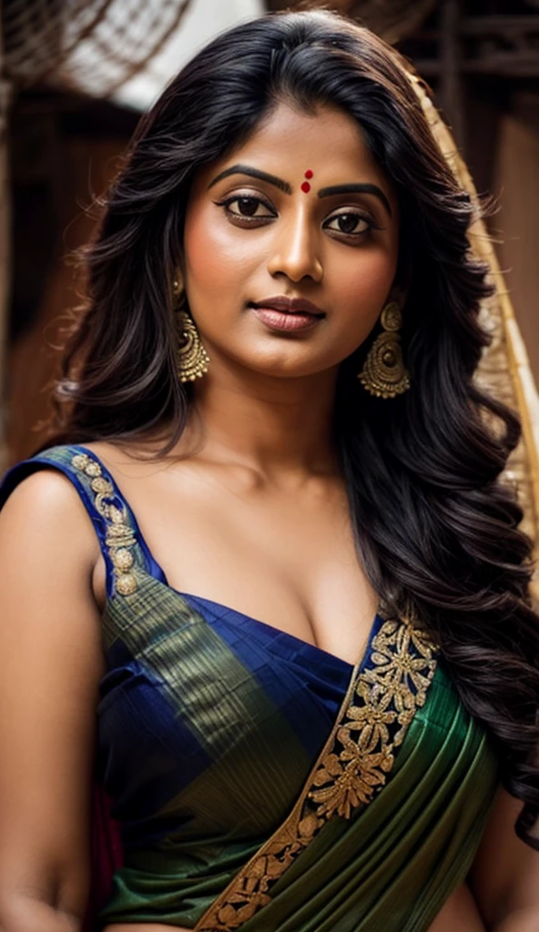 An Extremely gorgeous and beautiful Bengali village woman, stunning beauty, 45 yo, pale white skin, sensual appealing body, perfect thick and chubby Beauty, wearing saree bare-chested, curvy, sexy navel folds, fleshy figure, Bengali village style saree, wearing a Bengali-style saree without a blouse,, ethnic vintage bengali village woman, bengali style saree, The sari was worn without a blouse and petticoat before the British Raj, baring one's chest or being blouseless, simple village ornaments, Bengalis a.k.a. Bongs are known for their unique Bengali fashion sense (the way they don that sari makes you go wow), Pre British Raj, Pre colonial era, Bengali Woman draping sari without blouse is a normal thing in pre British Era, bong woman, fine Art photography, artistic photography, sensually appealing, insane details, ethnic traditional beauty,