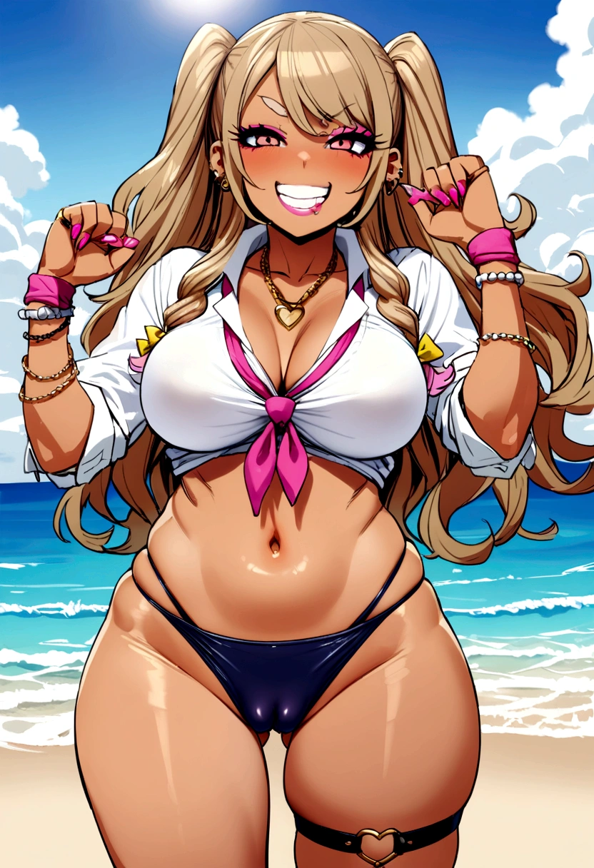 Kid gyaru, tight swimsuit, grin, brat, beach, cameltoe, 