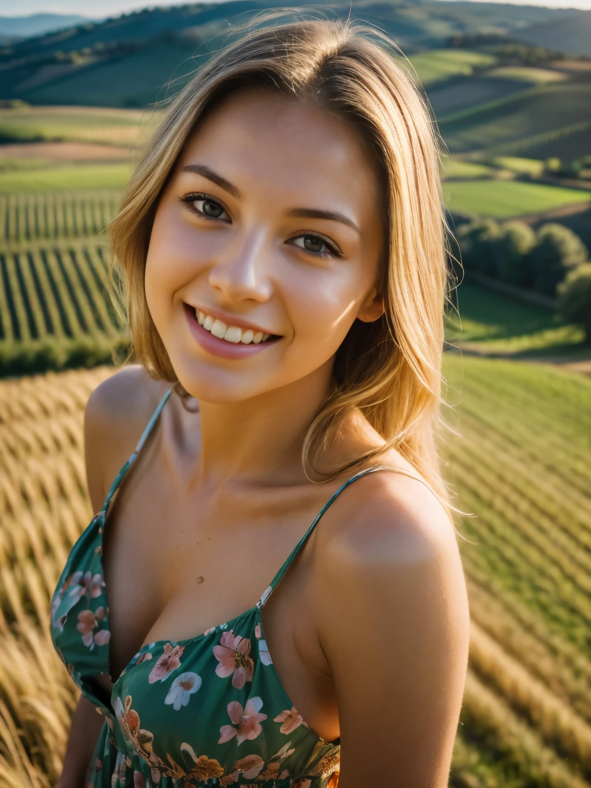 (28 mm lens, high angle shot)1 woman, age 23, American, beautiful, ((upper body selfie, happy)),  Beautiful backlight,Masterpiece, Best Quality, Ultra-detailed, Solo, cheerful, happy, Cosy. clear skies, analog style (looking up at viewer:1.2) (skin texture) (film grain:1.3), (warm hue, warm tone:1.2), close-up, Cinematic light, Sidelighting, ultra-Highres, best shadows, raw, upper half body, wearing loose summer dress, Relaxed and intimate photos, blonde hairs, outside, Tuscany scenery. Blurry background.