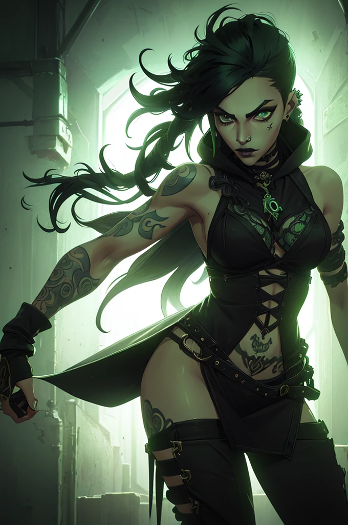 a girl, black hair and phospor green underlights, phosphor green eyes, has tattoos, piercings, light skin but not that light, dressed in dark fantasy style, long hair gothic dark style punk diesel neogothic