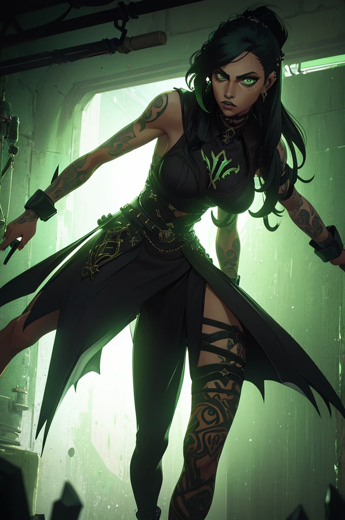 (one girl), (black hair), (green eyes), has (tattoos), (piercings), (light skin but not that light), (long hair) (gothic dark style) (fight pose)