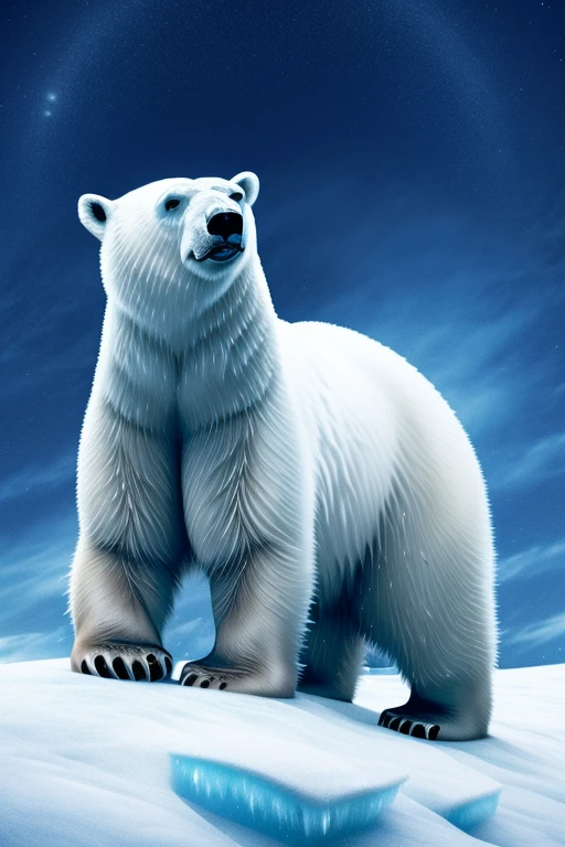 (((Polar Bear))) standing and looking at the sky,  Medium muscular, frozen planet setting, snowstorm , zoomed in on crotch, , chunie, darkgem, He uses an old, torn blanket made of animal hide as a garment to protect His body from the extreme cold.