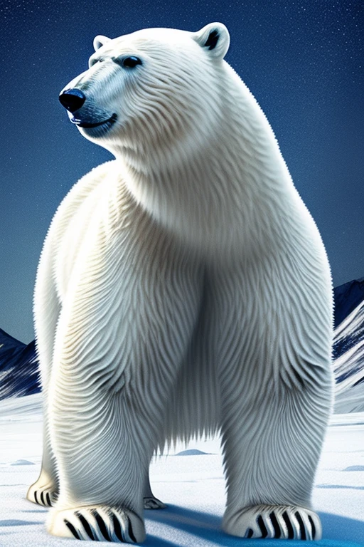 (((Polar Bear))) standing and looking at the sky,  Medium muscular, frozen planet setting, snowstorm , zoomed in on crotch, , chunie, darkgem, He uses an old, torn blanket made of animal hide as a garment to protect His body from the extreme cold.