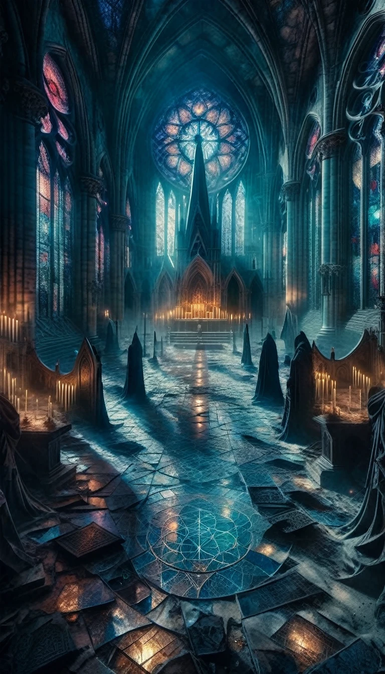 ais-rcn, an abandoned cathedral in the moonlight, its broken stained glass windows cast eerie patterns on the dusty floor, with a dark altar, who stands menacingly in the nave, filmic