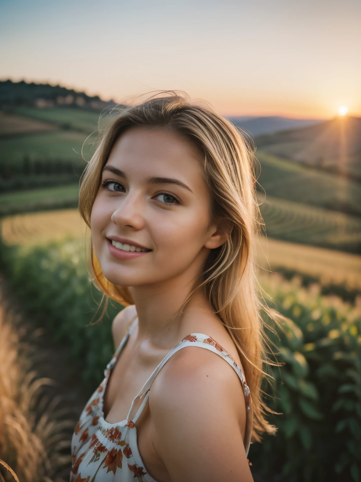 (28 mm lens, high angle shot)1 woman, age 23, American, beautiful, ((upper body selfie, happy)),  Beautiful backlight,Masterpiece, Best Quality, Ultra-detailed, Solo, cheerful, happy, Cosy. clear skies, analog style (looking up at viewer:1.2) (skin texture) (film grain:1.3), (warm hue, warm tone:1.2), close-up, Cinematic light, Sidelighting, ultra-Highres, best shadows, raw, upper half body, wearing loose summer dress, Relaxed and intimate photos, blonde hairs, outside, Tuscany scenery. Blurry background.