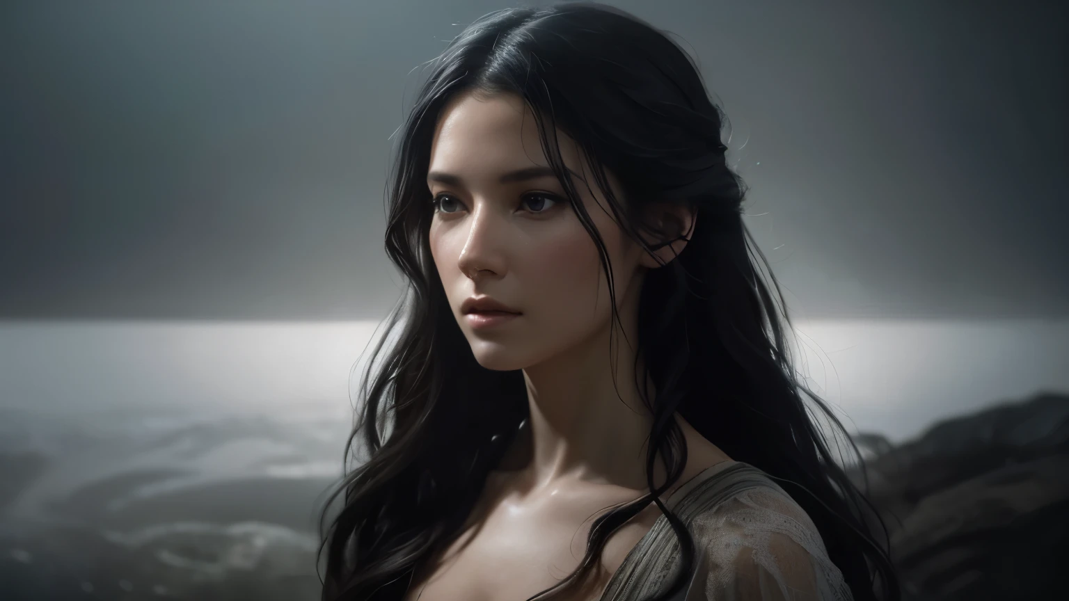 Portrait of Embrebecca with long black hair in the fog, Cinema Lighting, photoRealistic, Brilliant, Complex, Realistic, detailed, volumetric light and shadow Complex, elegant, highly detailed, Digital Painting, Art Station, Concept Art, Smooth, Sharp focus, figure, ArtJam、Greg Rutkowski、Art by Alphonse Mucha, super detailed