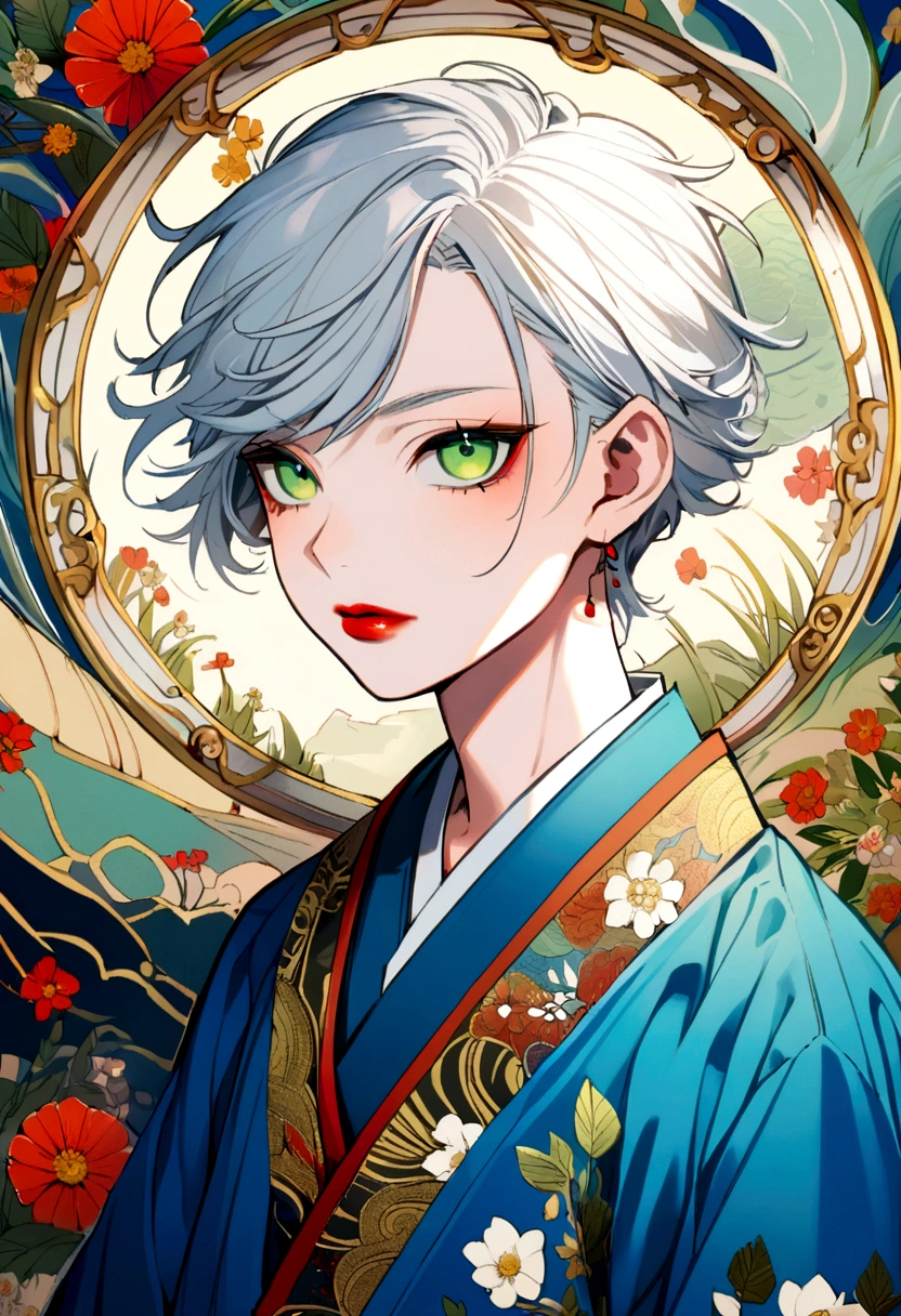 15 year old boy with white hair, green eyes and red lips, dressed in a blue kimono