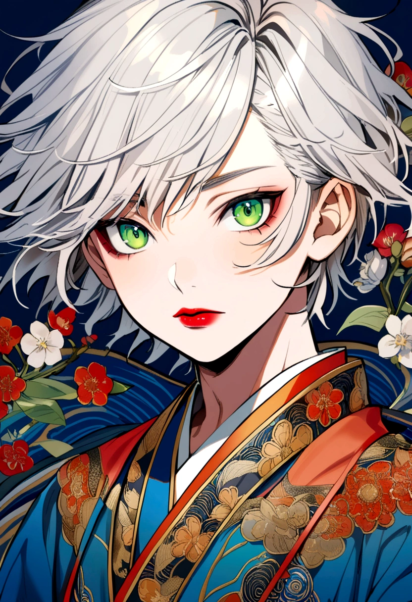 15 year old boy with white hair, green eyes and red lips, dressed in a blue kimono