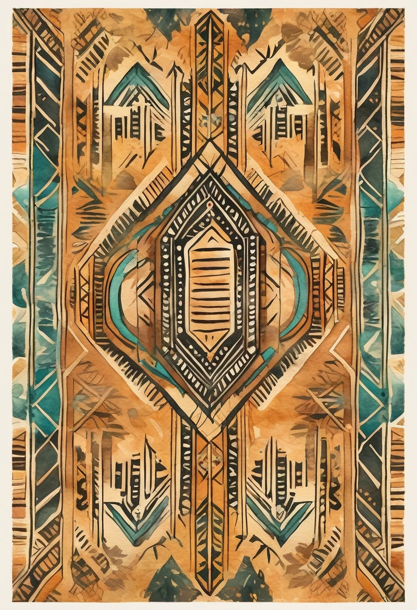 (((The best quality))), ((Masterpiece)) (tribal patterns in watercolor) minimalist and aesthetic print, High Definition, detailed, warm and earthy colors, boho chic design.