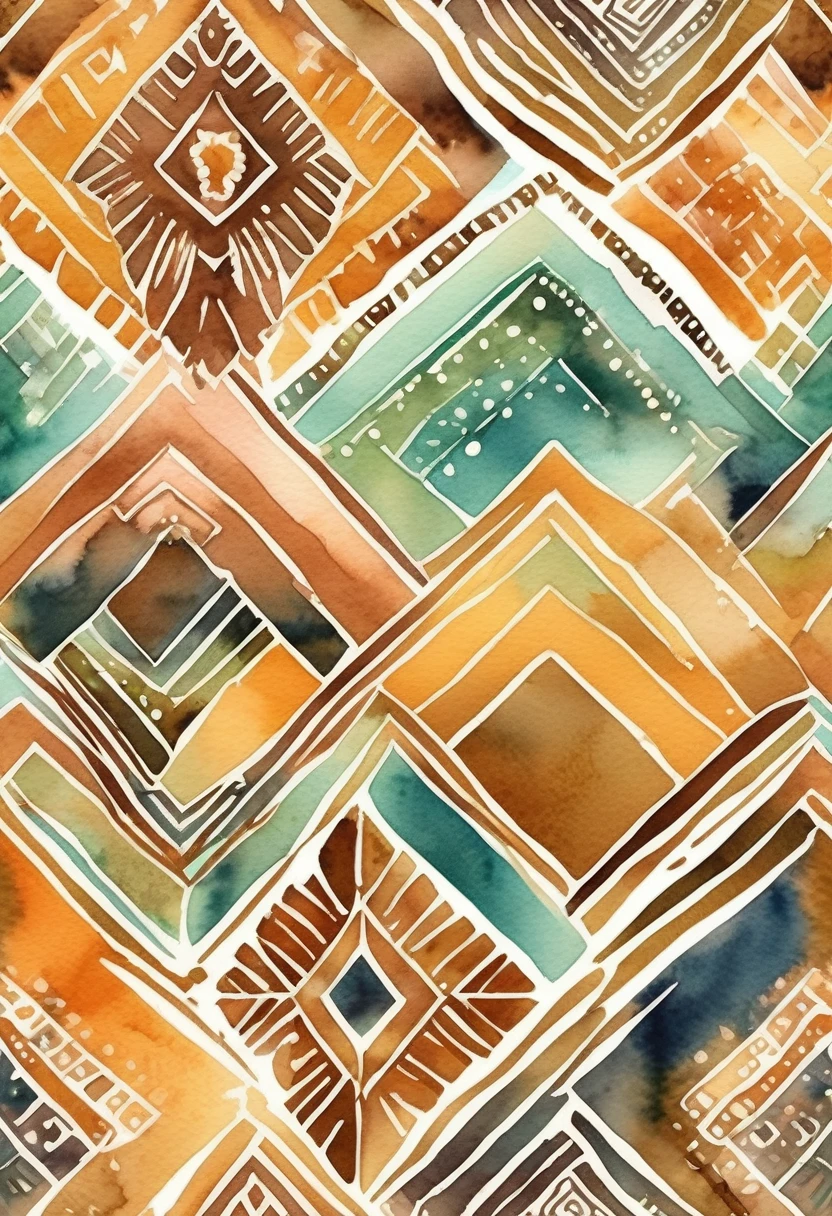 (((The best quality))), ((Masterpiece)) (tribal patterns in watercolor) minimalist and aesthetic print, High Definition, detailed, warm and earthy colors, boho chic design.