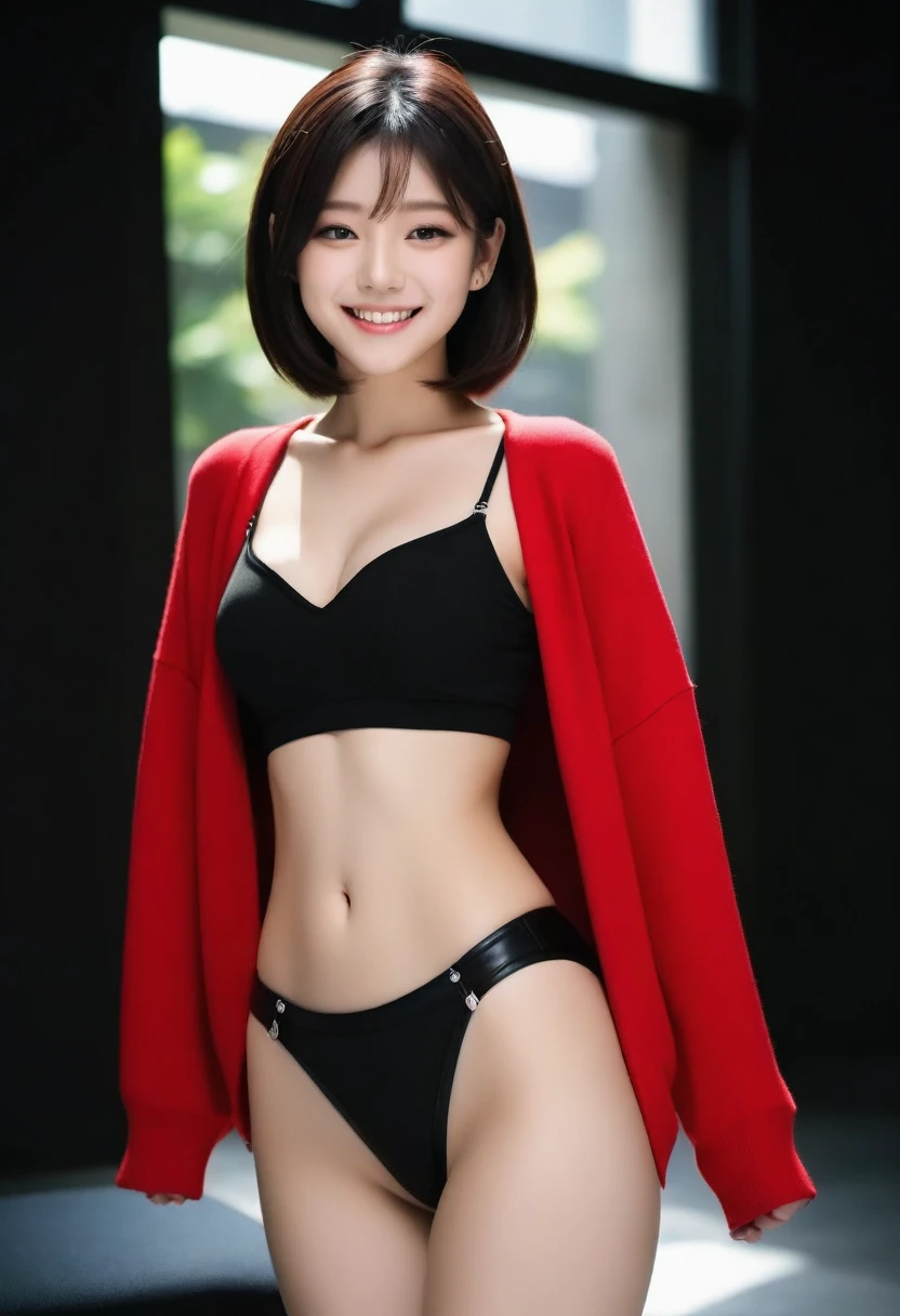8K, Ultra-high resolution, Highest quality, masterpiece, 三分割法によるphotograph,Surreal, photograph, 1 Girl, (:1.3), pretty girl, Cute face, Beautiful eyes in every detail, 細かくdetailedに,masterpiece,, One Girl:1.2, Japan Female Announcer,whole body, Black Leather Bra, Wear a short red cardigan, Black long pants, Bare Belly, abdomen, Place one hand on hip, pretty girl, Sexy Girl, Attractive thighs, Sensual,A carefree smile,Heal the heart,Black Hair,Short Bob,Looking at the audience、beauty,Long neck、Laugh a little、Please close your mouth and laugh、(((Ideal body type))),A cup small breasts :2,、Portraiture:2、Perfect Anatomy、鮮明なdetailed、detailed、Surreal、Light and shadow,Strong light