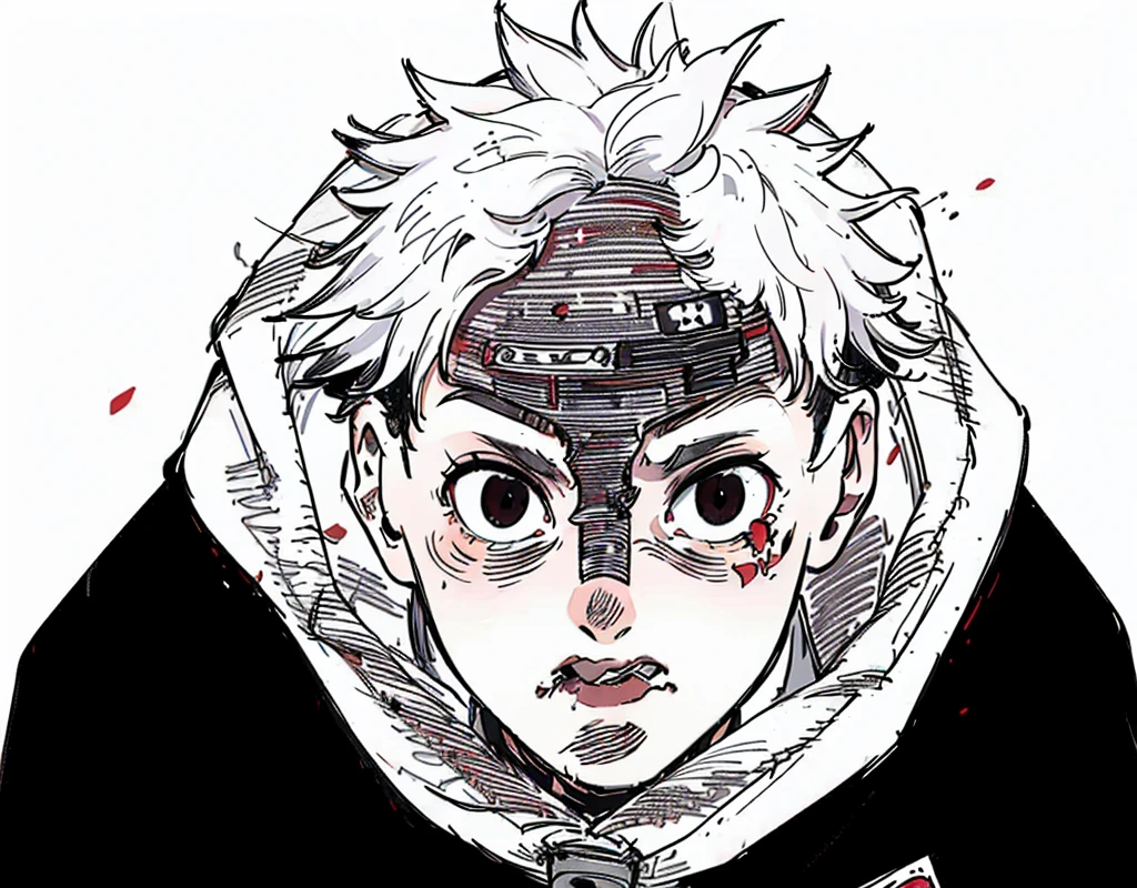 red glowing eyes, white hair, fluffy hair, boy, staring, messy hair