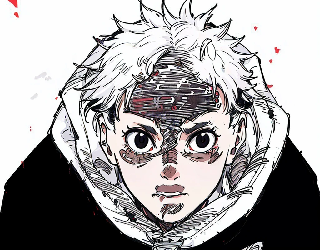 red glowing eyes, white hair, fluffy hair, boy, staring, messy hair