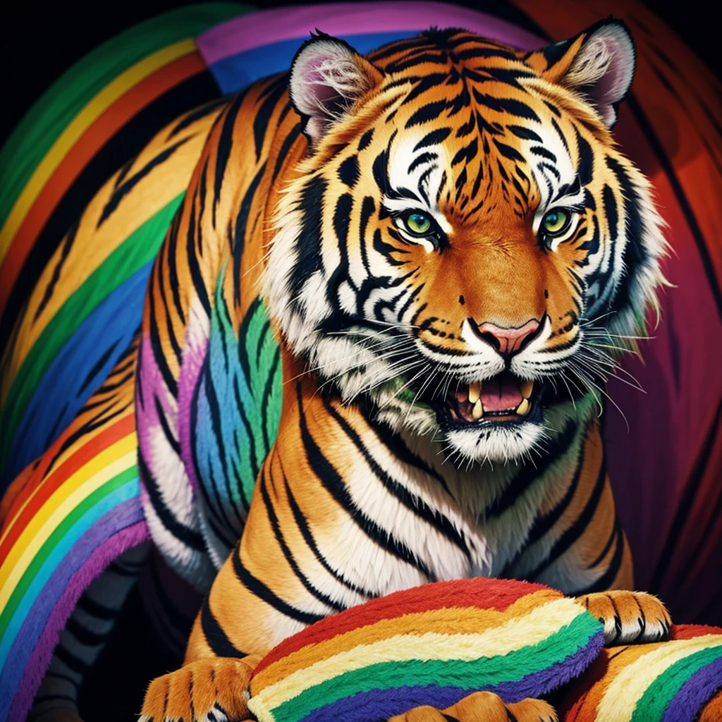 A normal tiger with colorful rainbow fur