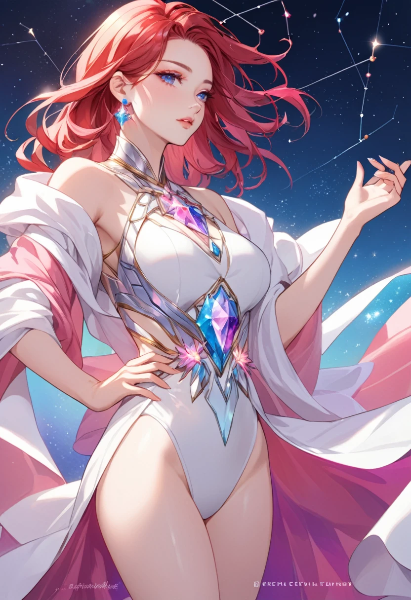 a beautiful adult woman, she wears a white gayn mixed with a plain pink shawl, her hair is blue mixed with red hair, she has the constellation ability like colorful crystal. she wears pink and purple crystal earrings, Manhwa style.  