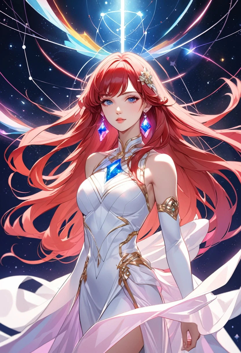 a beautiful adult woman, she wears a white gayn mixed with a plain pink shawl, her hair is blue mixed with red hair, she has the constellation ability like colorful crystal. she wears pink and purple crystal earrings, Manhwa style.