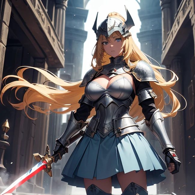 (Absurdres, master piece, best high quality image, very detailed features, very detailed textures, carefuly detailed with no deformed parts in all the artwork, not censored violence and bleeding), only solo character, full body deding, standing alone.
A 40 years old beautiful woman, she has fair skin, blue eyes, yellow blonde golden long hair tied in a high ponytail with a long crimson ribbon, voluptuous figure, big breasts, she wears a bulky feminine armor, (full plate blue armor, full chest plate that covers all including the breasts, big and round shoulder pads, belly plate, armored gauntlets, armored sleeves, steel hip plates all around the skirt, long metal boots, medieval knight helmet protecting her head, under the armor she wears: grey leotard covered by a light blue combat padded bra and a light blue short skirt, light blue long leather spandex boots, light blue long sleeves and padded gloves, dark blue steel shoulderpads), She is holding with both hands a silver and red colored long sword with a red magical blade.
City ruins during a battle between knights against samurais.