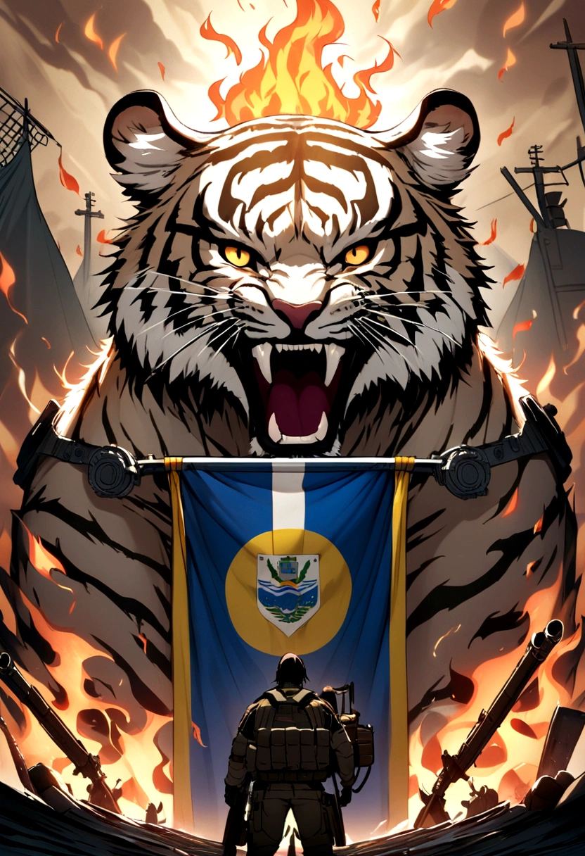 Tiger with flames around and guns with warships and a flag of El Salvador
