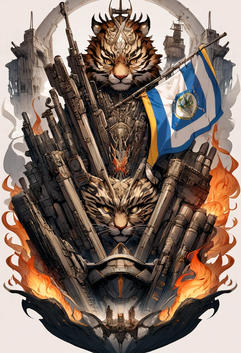 Tiger with flames around and guns with warships and a flag of El Salvador