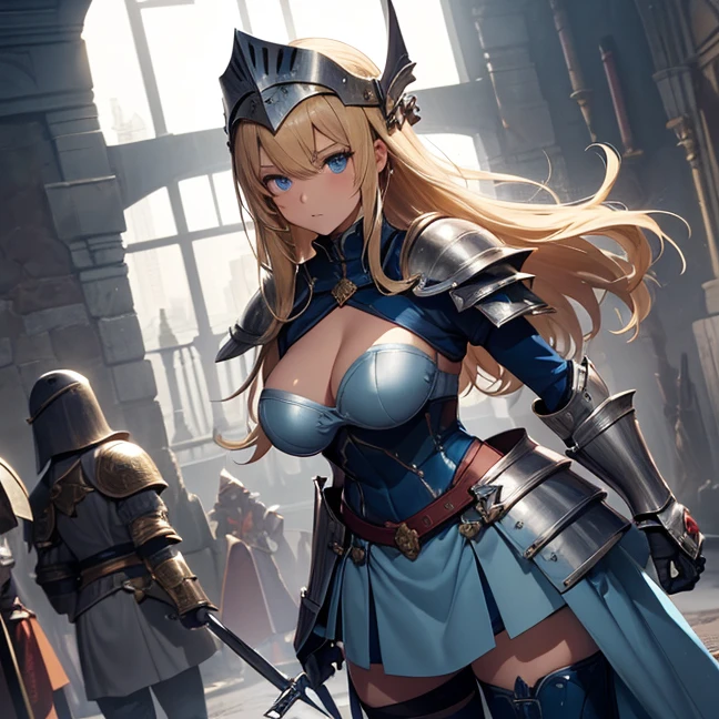(Absurdres, master piece, best high quality image, very detailed features, very detailed textures, carefuly detailed with no deformed parts in all the artwork, not censored violence and bleeding), only solo character, full body deding, standing alone.
A 40 years old beautiful woman, she has fair skin, blue eyes, yellow blonde golden long hair tied in a high ponytail with a long crimson ribbon, voluptuous figure, big breasts, she wears a bulky feminine armor, (full plate blue armor, full chest plate that covers all including the breasts, big and round shoulder pads, belly plate, armored gauntlets, armored sleeves, steel hip plates all around the skirt, long metal boots, medieval knight helmet protecting her head, under the armor she wears: grey leotard covered by a light blue combat padded bra and a light blue short skirt, light blue long leather spandex boots, light blue long sleeves and padded gloves, dark blue steel shoulderpads), She is holding with both hands a silver and red colored long sword with a red magical blade.
City ruins during a battle between knights against samurais.