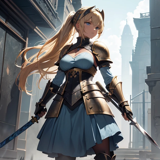 (Absurdres, master piece, best high quality image, very detailed features, very detailed textures, carefuly detailed with no deformed parts in all the artwork, not censored violence and bleeding), only solo character, full body deding, standing alone, blood shed.
A 40 years old beautiful woman, she has fair skin, blue eyes, yellow blonde golden long hair tied in a high ponytail with a long crimson ribbon, voluptuous figure, big breasts, (she wears: grey leotard covered by a light blue combat padded bra and a light blue short skirt, light blue long leather spandex boots, light blue long sleeves and padded gloves, dark blue steel shoulderpads), She is holding with both hands a silver and red colored long sword with a red magical blade. She is fighting and has furious expression and screaming with anger. She is bleeding, her blood spils from her front head, her hands and legs, her clothes are dirty with her own bleeding.
City ruins during a battle between knights against samurais.