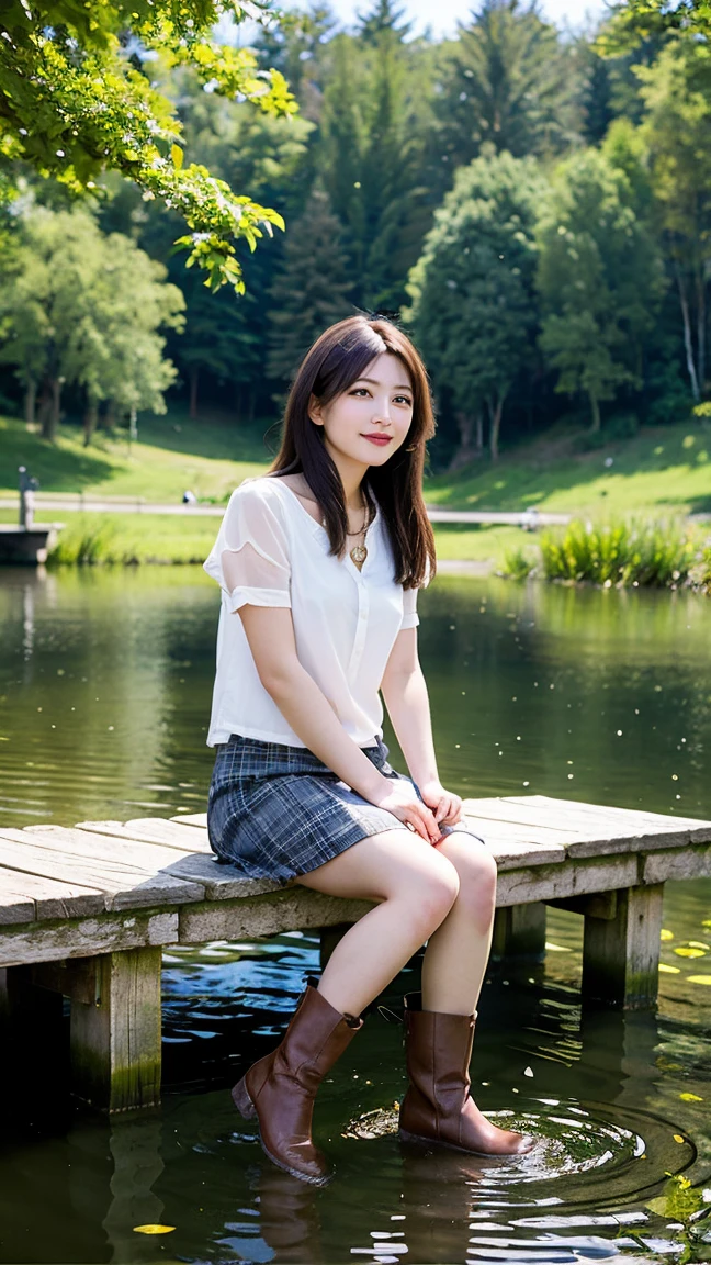 highest quality, masterpiece, 8K, ultra high resolution, (realistic: 1.4), beautiful face, symmetrical eyes, European, white hair, smile, wearing makeup, high-definition images, atmospheric perspective, super detail, accurate, best quality, an European lady, drooping eyes, sleepy face, blush, skirt, high boots, necklace, A serene lakeside with clear, calm water reflecting the surrounding trees and sky. There’s a small wooden dock extending into the lake and a few ducks swimming nearby. The area is peaceful and secluded, with the gentle sounds of nature all around. she is sitting at the edge of the dock, her feet dangling just above the water. 