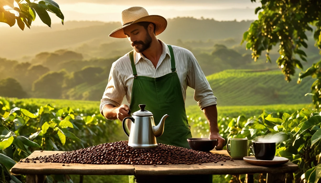 Create an image for a coffee advertising campaign with the following scenario: A green field with coffee plantations at dawn. In the center of the image, a robust and determined man, wearing practical work clothes (jeans, long-sleeved shirt and straw hat), is harvesting coffee beans with a look of pride and satisfaction. Next to him is a rustic table with a steaming cup of coffee, an antique coffee pot, and scattered coffee beans. The lighting is soft and natural, highlighting the beauty of the countryside and the man's dedication to his work. Add a slogan at the top of the image that says "Strength and Dedication in Every Grain."