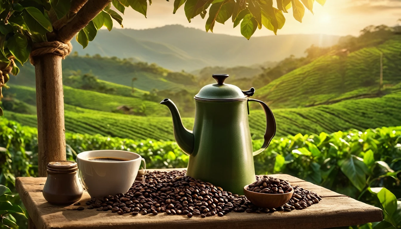 Create an image for a coffee advertising campaign with the following scenario: A green field with coffee plantations at dawn. In the center of the image, a robust and determined man, wearing practical work clothes (jeans, long-sleeved shirt and straw hat), is harvesting coffee beans with a look of pride and satisfaction. Next to him is a rustic table with a steaming cup of coffee, an antique coffee pot, and scattered coffee beans. The lighting is soft and natural, highlighting the beauty of the countryside and the man's dedication to his work. Add a slogan at the top of the image that says "Strength and Dedication in Every Grain."