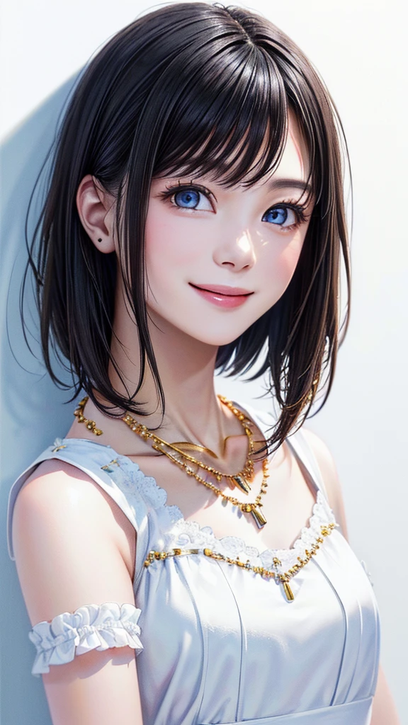 (Highest quality、8K、32k、masterpiece)、(Realistic)、(Photorealistic:1.2)、(High resolution)、Very detailed、Very beautiful face and eyes、Pale blue eyes、1 Girl、Round and small face、Narrow waist、Delicate body、(close、Highest quality、High detail、Rich skin detail)、(Highest quality、8K、Oil paint:1.2)、Very detailed、(Realistic、Realistic:1.37)、Bright colors、(((Black Hair)))、(((Bust Shot)))、(((Medium Hair)))、(((White wall background)))、(((White wall background)))、(((Please wear a white dress)))、(((Smiling face)))、、(((Look straight ahead)))、(((Medium bob hair)))、(((Wearing a fashionable necklace)))、(((She is posing in a feminine way)))、