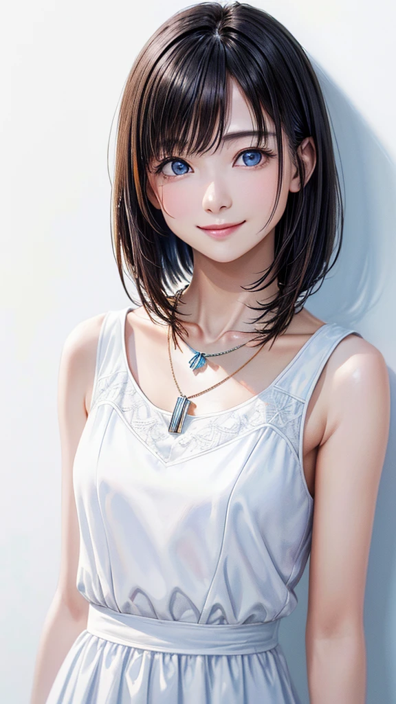 (Highest quality、8K、32k、masterpiece)、(Realistic)、(Photorealistic:1.2)、(High resolution)、Very detailed、Very beautiful face and eyes、Pale blue eyes、1 Girl、Round and small face、Narrow waist、Delicate body、(close、Highest quality、High detail、Rich skin detail)、(Highest quality、8K、Oil paint:1.2)、Very detailed、(Realistic、Realistic:1.37)、Bright colors、(((Black Hair)))、(((Bust Shot)))、(((Medium Hair)))、(((White wall background)))、(((White wall background)))、(((Please wear a white dress)))、(((Smiling face)))、、(((Look straight ahead)))、(((Medium bob hair)))、(((Wearing a fashionable necklace)))、(((She is posing in a feminine way)))、