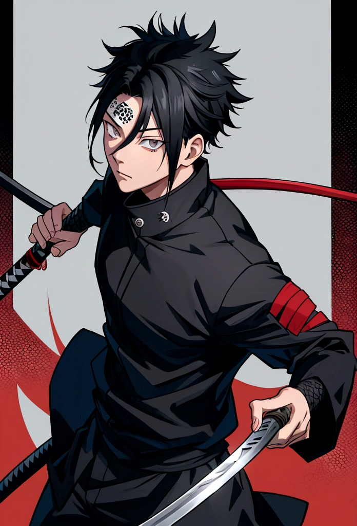 boy, adolescent, Bblack hair, gray eye color, holding a katana, based on jujutsu kaisen.