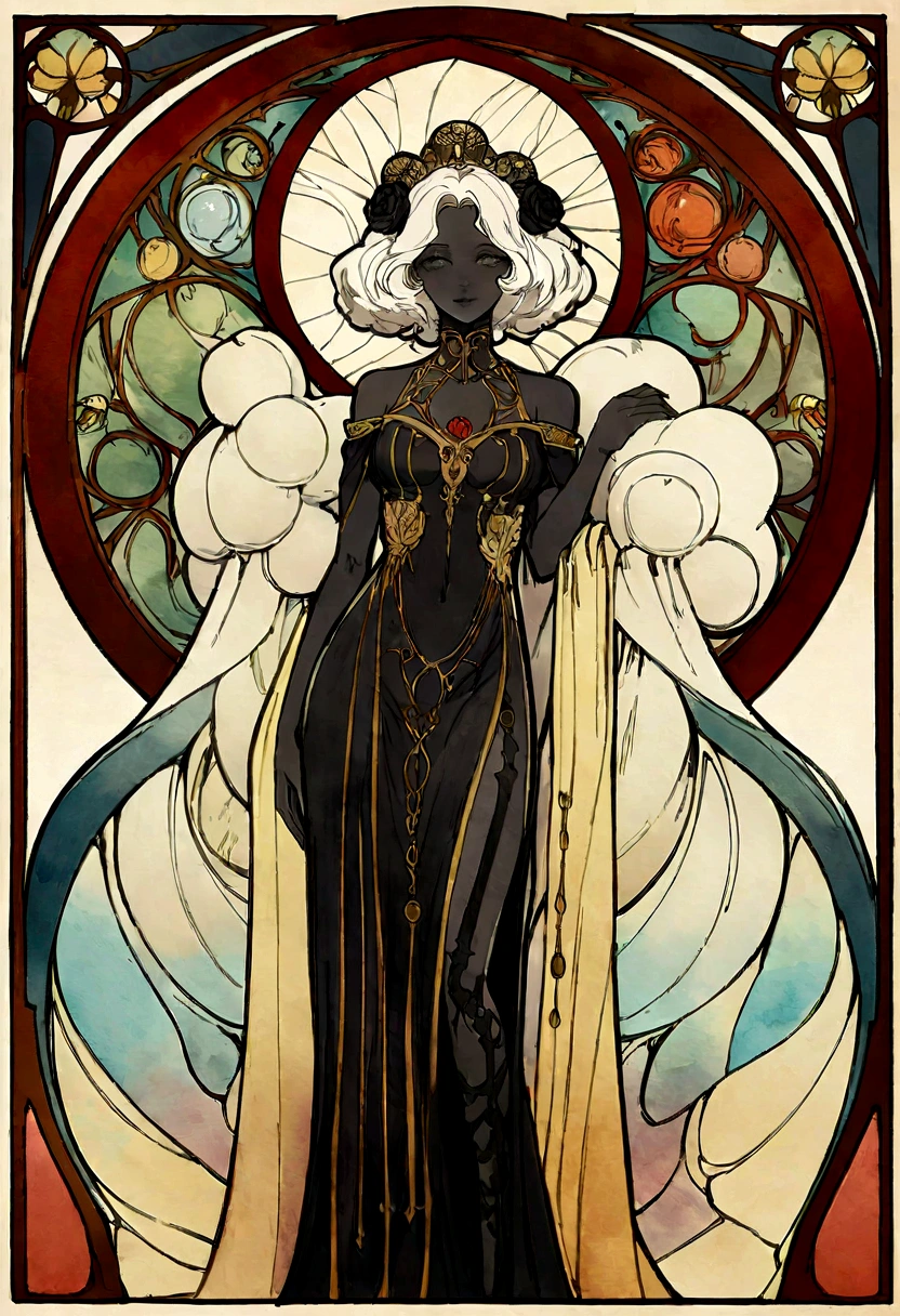 A super detailed watercolor painting,woman with black skin, afro skin afro hair, negra com black cacheadissimo, darkness background,Gothic, white hair, Anthropomorphic female, feminine figure, detailed cover art, Like a goddess of roses, In the style of Alphonse Maria Mucha and Gustave Kilmut, Acentos art nouveau, Alphonse Mucha's, Gustav Klimt, a marble sculpture, CGSesociedade, gothic art, art nouveau, behance contest winner