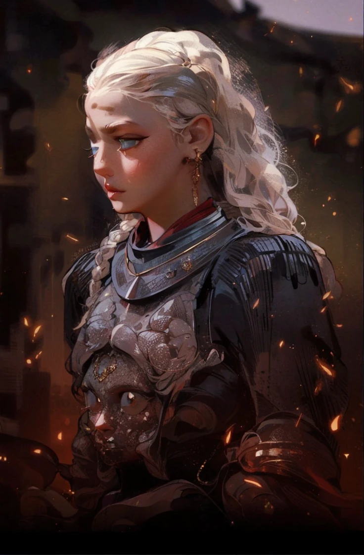 Girl with white wavy hair,side braids,beautiful necklace, Targaryen women hairstyle,beautiful gold tiara, red and black dress