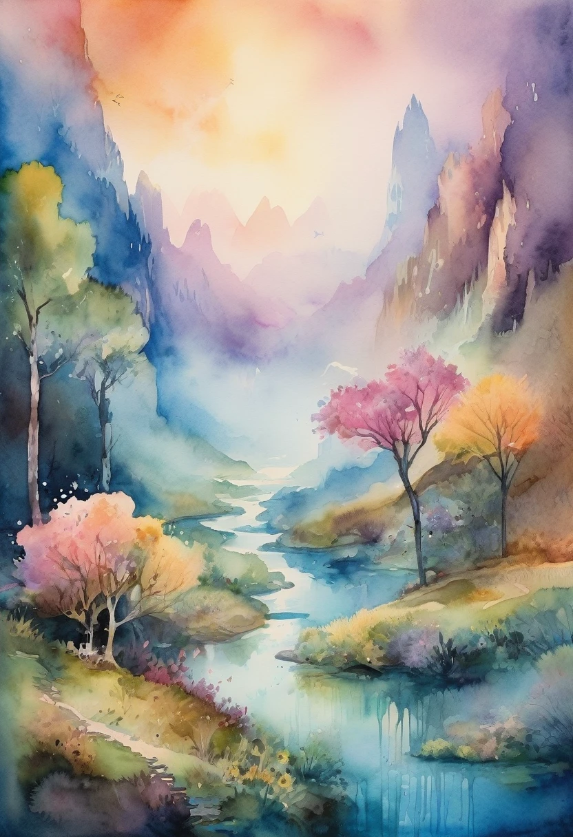 (((The best quality))), ((Masterpiece)) (fantasy landscape in watercolor) minimalist and aesthetic print, High Definition, detailed, magical creatures, vibrant and ethereal colors.