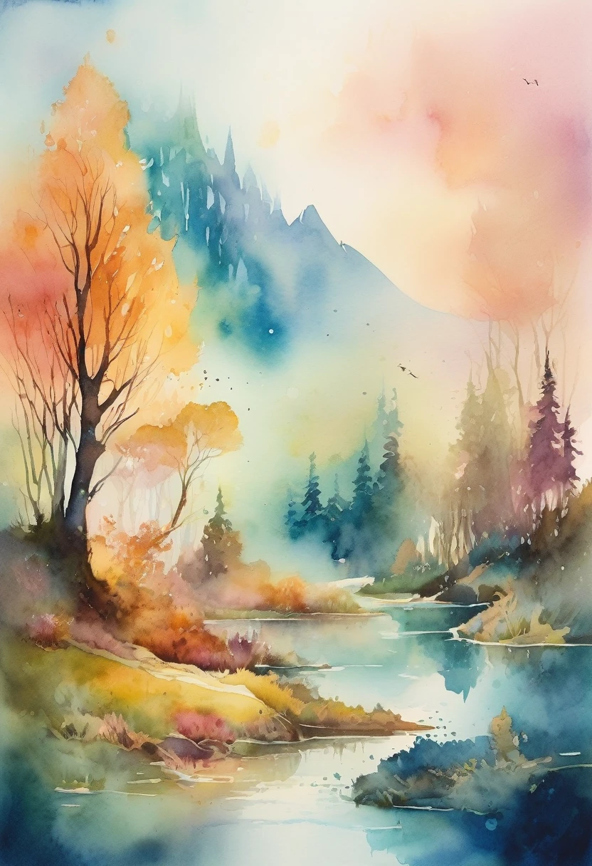 (((The best quality))), ((Masterpiece)) (fantasy landscape in watercolor) minimalist and aesthetic print, High Definition, detailed, magical creatures, vibrant and ethereal colors.