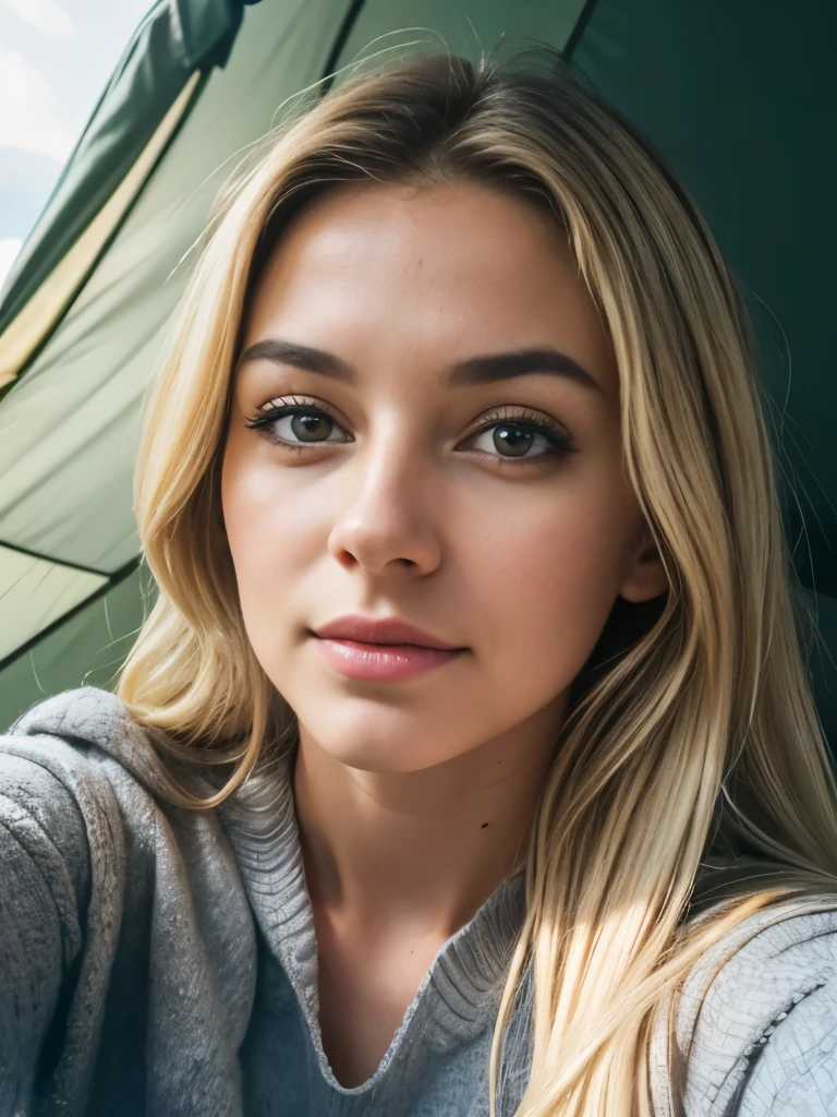 1 woman, age 23, American, beautiful, ((upper body selfie, happy)), Filming at the entrance of a tent. Showing exterior. Beautiful backlight,Masterpiece, Best Quality, Ultra-detailed, Solo, cheerful, happy, Cosy in a sleeping bag, ((open tent, showing wild jungle scenery )).clear skies, analog style (looking up at viewer:1.2) (skin texture) (film grain:1.3), (warm hue, warm tone:1.2), close-up, Cinematic light, Sidelighting, The ultra-Highres, best shadows, ..raw, upper half body, wearing pullover, Relaxed and intimate photos, blonde hairs,