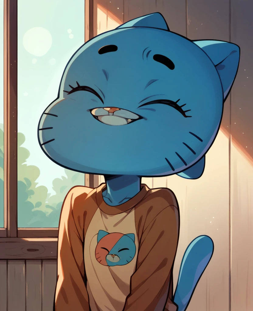 Gumball Watterson, kid, cute, blue fur, cat, alone, smiling, closed eyes