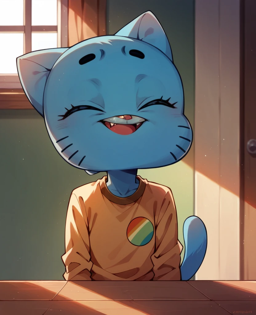 Gumball Watterson, kid, cute, blue fur, cat, alone, smiling, closed eyes